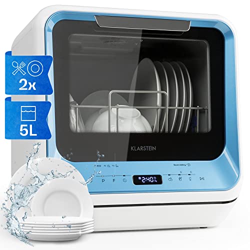 Klarstein Amazonia Mini Geschirrspüler, Spülmaschine mit Platz für 2 Maßgedecke, 6 Programme, 5 L Wasser benötigt, LED-Display, Touch, Tischgeschirrspüler inkl. Zubehör, blau