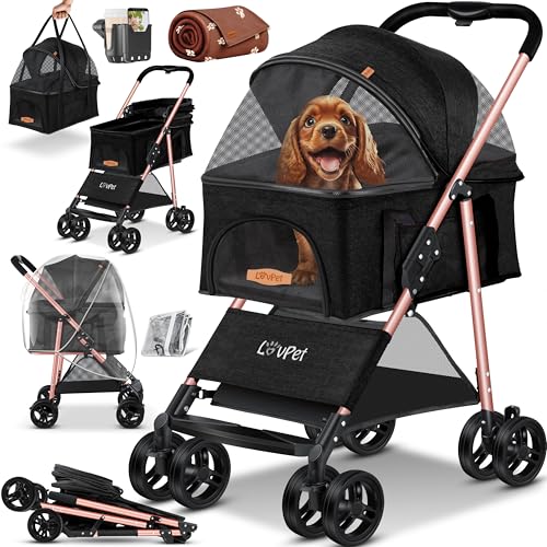 LOVPET® Hundewagen 2in1 Hundebuggy Hundebox Transporttasche Faltbar klappbar bis 20kg Haustiere Buggy mit Netzfenstern Getränkehalter, Regenschutzabdeckung & Kuscheldecke Jogger Buggy für Haustiere