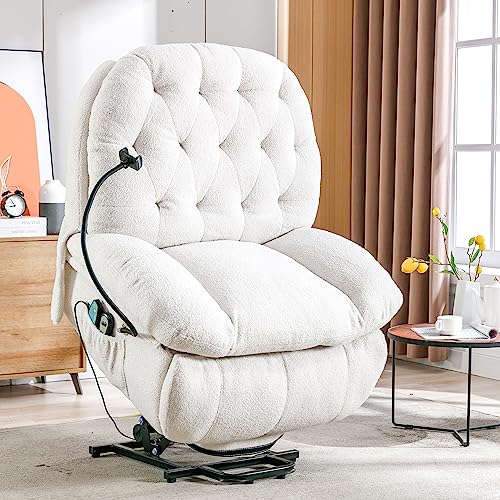 Merax Elektrisch Relaxsessel Massagesessel mit Handyhalter,Teddy-Fleece Fernsehsessel mit Liegefunktion Massagefunktion Wärmefunktion, Ruhesessel Liegesessel mit Fernbedienung, Weiß