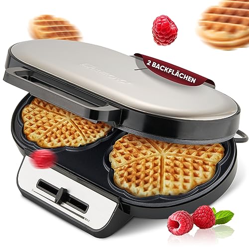 Clatronic Waffeleisen mit 2 antihaftbeschichteten Backflächen | Waffeleisen Herzform stufenlos einstellbarer Bräunungsgrad & Backampel | 2 Waffeln pro Backvorgang in wenigen Minuten | 1200W | WA 3745