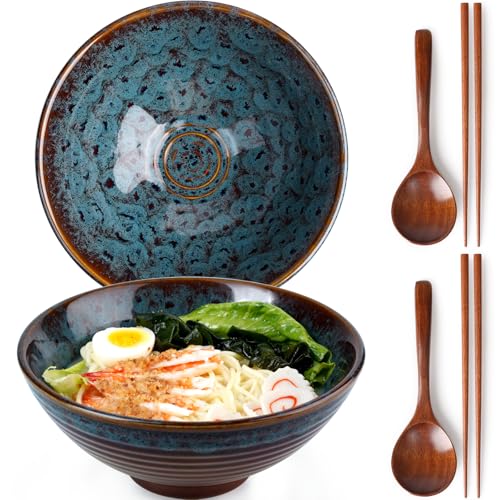 NUTRIUPS 2 x 1200ml Ramenschüssel aus Keramik mit Essstäbchen und Löffeln, 20cm Bowl Schüssel Suppenschüssel Groß，Pfauenschwanz