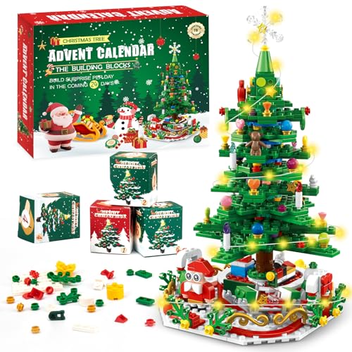 Adventskalender 2024 Kinder für Weihnachtsbaum Bauspielzeug mit LED-Licht Mini-Bausteine,Weihnachts Countdown 24 in 1 Blocks Spielzeug 701 Pcs,Weihnachts Geschenk für Erwachsene Jungen und Mädchen