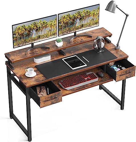 ODK Schreibtisch mit Stoff Schubladen, 120x48x87cm Computertisch mit Tastaturauszug, Gaming Schreibtisch Bürotisch mit Monitorablage PC-Tisch für Home Office, Braun