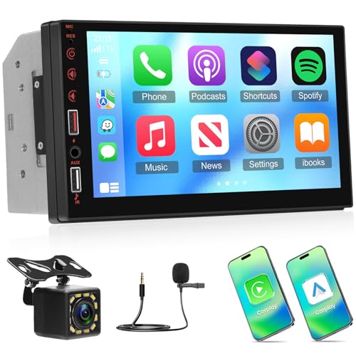 NHOPEEW Doppel Din autoradio Unterstützung Wireless Carplay und Android Auto - 7 Zoll Touchscreen Radio Unterstützung Mirror Link Lenkradsteuerung FM EQ USB-Anschlüsse + Rückfahrkamera