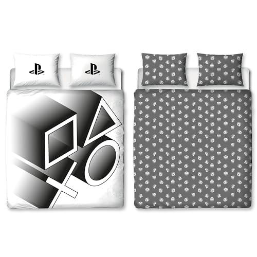 Character World Offizielles Playstation-Bettwäsche-Set für Doppelbett, Stretch-Design, wendbar, 2-seitig, inkl. passenden Kissenbezügen, Gaming-Bettwäsche-Set in Schwarz und Weiß