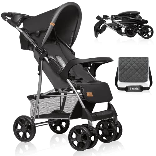 LIONELO Emma Plus Kinderwagen bis zu 15 kg, Kindersportwagen, leicht modern klein Buggy mit Liegeposition, zusammenklappbar, große Räder, großer Korb, Tasche Stone