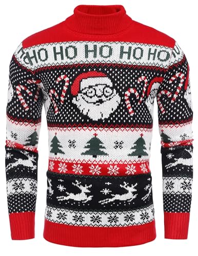 COOFANDY Herren Weihnachten Pullover Winter Strick Rollkragenpullover Modern Rentier Pullover Herren Rot L