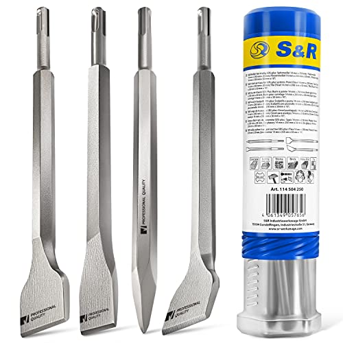 S&R Bohrhammer Meißel-Set SDS-plus, 4-teilig, robust und hitzegehärtet – 1x Flachmeißel, 2x Fliesemeißel, 1x Spitzmeißel für Beton, Mauerwerk, Ziegel und Asphalt – Werkzeug-Stahl