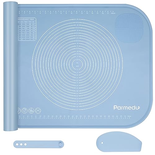 Parmedu Große Silikon-Backmatte: 80x60cm Antihaftbeschichtete Gebäckmatte aus Silikon zum Kneten mit Aufbewahrungsgürtel und Teigschneider - Teigausrollmatte und Hitzebeständige Matte