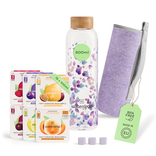 waterdrop® Flasche aus Glas 600ml inkl. 18 zuckerfreie Drops - Geschenk für Frauen - Probierpaket mit Wasserflasche, Flavor Drops & Vitaminen - auslaufsichere Trinkflasche & Kohlensäure geeignet