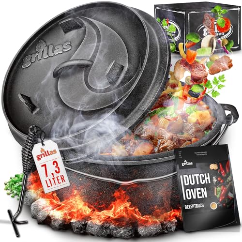 grillas Dutch Oven Set inkl. Rezeptideen | bereits eingebrannt - preseasoned | Feuertopf Gusseisen I Bräter mit Deckelheber und Henkel (Topf mit Füße, 7,3 Liter / 6 QT)