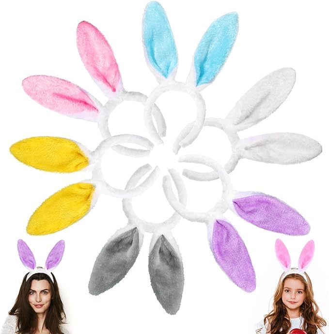 DIYDEC 6 Stücke Easter Bunny Ears, Plüsch Kaninchen Ohren Stirnband Hasenohren Haarreif für Erwachsene und Kinder Ostern Party Kostüm Cosplay