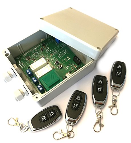 Set 4x Handsender Funk Empfänger Steuerung für alle 433MHz Sender mit Keeloq universal 2 Kanal 230V max. 16A Relais ADK-7 Garagensteuerung Lampensteuerung Jalousiesteuerung