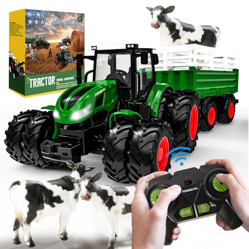 Ferngesteuerter Traktor Ferngesteuert, Ferngesteuertes Auto ab 3 4 5 Jahre, Traktor Spielzeug ab 3 Jahre, Rc Traktor mit Fernbedienung, Anhänger, Licht und Kuh, Weihnachten Geschenk für Kinder
