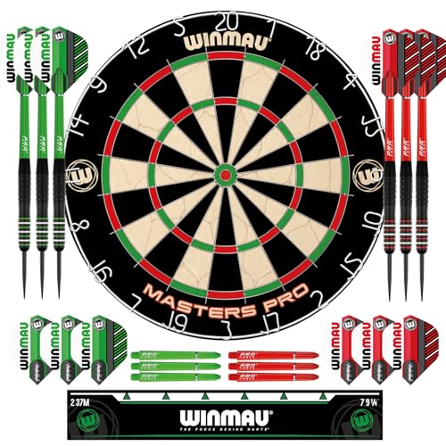 WINMAU Dartscheibe - Masters Pro Profi Dartscheibe Steeldart aus Sisal - Enthält Dartscheibe, Dartpfeile, Flights, Schäfte und Oche-Streifen – Profi Steel-Dartscheibe-Set für Erwachsene