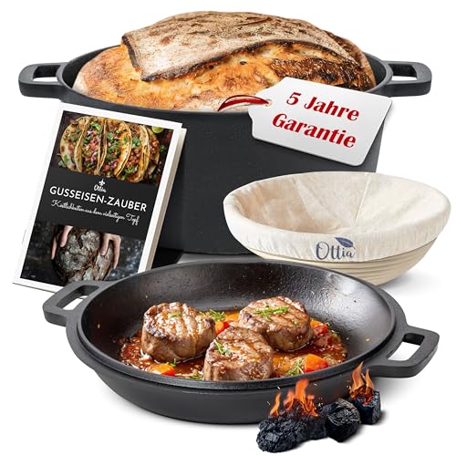 Ottia Gusseisen Topf, Deckel als Pfanne, Brot backen, Eintopf, Schmortopf, für Induktion, Gas, Camping, Feuer, BBQ, Grill, mit Gärkorb & Rezeptbuch, Händler aus Hamburg