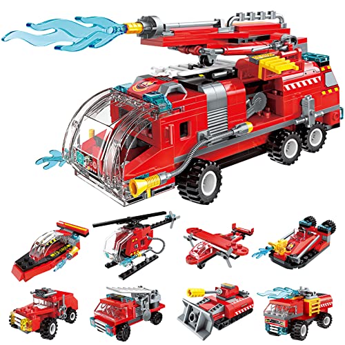 QLT City Fire Truck Building Kit für Kinder von 6–12 Jahren, Kompatibel Mit Lego City Fire Truck 8-in-1- Klemmbausteine Baustein, Fire Helicopter Toys Building Sets.(313 PCS)
