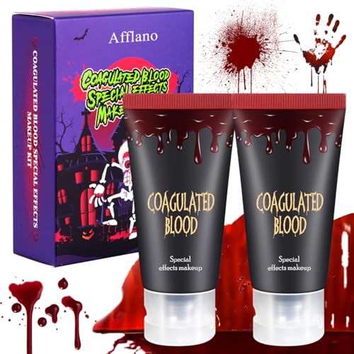 Afflano Kunstblut Halloween für Haut Kleidung SFX Makeup Kit, Realistische Gefälschte Blut 2 Pcs. Spezialeffekte Wunde Narben Theaterblut Bühne Zombie Vampire Karneval Fancy Kostüm Makeup Frischblut