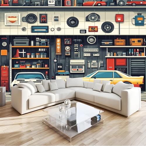 Fototapete Garage, Auto, Retro Vlies 4D Tapeten Moderne Wandtapete 250 x 175 cm Wohnzimmer Schlafzimmer Orange Farbe
