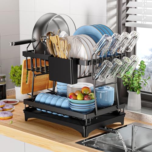 PKBD 2-Stufiges Groß Geschirrabtropfgestell Edelstahl, Abtropfgestell Geschirr, Dish Drying Rack Mit Schneidebretthalter, Getränkehalter, Schwarz