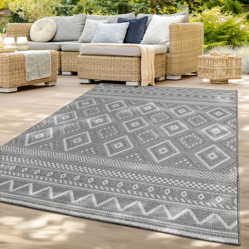 TT Home In-& Outdoor Teppich Wetterfest Balkon Küche Wohnzimmer Boho Rauten Design, Farbe: Grau 2, Größe:200x280 cm