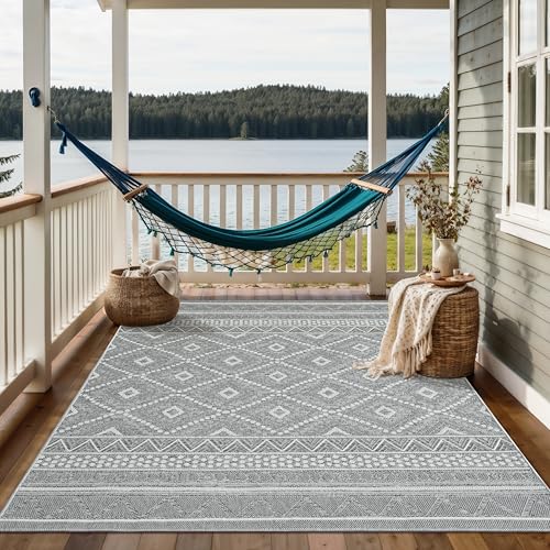 the carpet Calgary - robuster Teppich, Flachgewebe, modernes Design, ideal für Wohnzimmer, Esszimmer und Außenbereich, In- und Outdoor, Vintage-Optik, Boho-Style, Grau-Raute, 240 x 340 cm