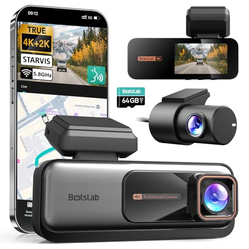 BOTSLAB 4K STARVIS Dashcam Auto Vorne Hinten, WiFi Autokamera Dashcam mit GPS, ADAS, Sprachsteuerung, Kostenlose 64GB Karte, Nachtsicht, WDR, 2,45' IPS, 24/7 Parküberwachung, Loop-Aufnahme