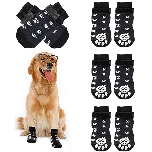 4 Paar Anti-Rutsch Socken für Hunde, einstellbare Indoor-Hundegriff-Socken mit Riemen, Haftsocken Pfotenschutz für Drinnen, Hundesocken Anti Rutsch, Hundesocken für Hunde im Innenbereich im Freien (M)