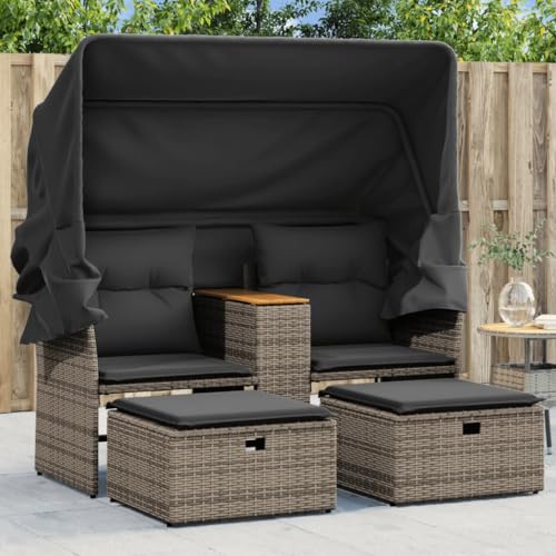 Festnight Gartensofa Ausziehbar mit Dach Rattan Sofa 2 Sitzer Lounge Sofa Outdoor mit Hocker Kleines Balkon Sofa Balkonmöbel Rattansofa Gartenlounge Polyrattan Gartenmöbel Set Balkon Lounge Sonnendach