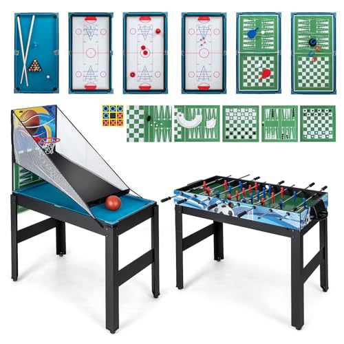 COSTWAY 15 in 1 Spieltisch Set, Tischspiel multifunktional mit Tischfußball Hockey, Billard, Tischtennis, Bowling, Shuffleboard, Schach, Dame & Backgammon, Kombi-Tisch für Kinder Erwachsene