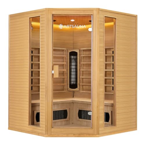 Artsauna Eck-Infrarotkabine Nyborg E150K - Infrarotsauna 150x150 cm mit Dual-Technologie & LED-Farblicht - bis zu 4 Personen - Wärmekabine aus Hemlock