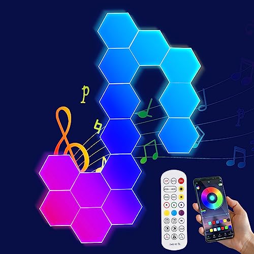 Hexagon Creative LED Wall Panel, 10pcs Smart RGB Modular Lamp with App Remote Control, DIY Geometry Splicing Module Gaming Night Lights for Home Bar Party Decoration