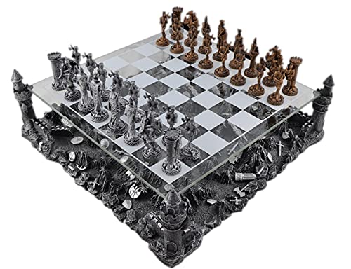 Hochwertiges Zinn Schachspiel Ritter mit Glasbrett und Landschaft Schachbrett mit 32 Figuen, 2 spieler, 8-100 Jahre