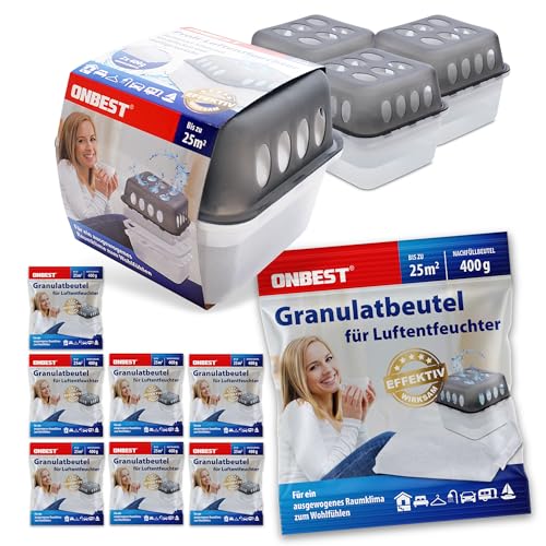 ONBEST großes Luftentfeuchter Set - 4x Entfeuchter mit 8x 400g Nachfüllbeutel Granulat – Gegen Feuchtigkeit, Schimmel & schlechte Gerüche – Raumentfeuchter ohne Strom