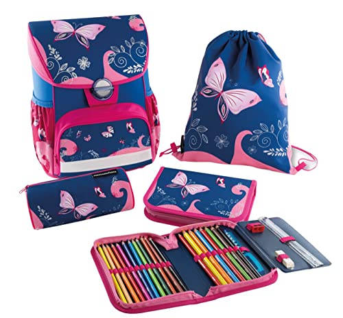 Eberhard Faber 577650 - Schulranzen Set Schmetterling, EFAlino, 4-teilig, mit Schulrucksack, Schüleretui, Schlamperrolle und Turnbeutel