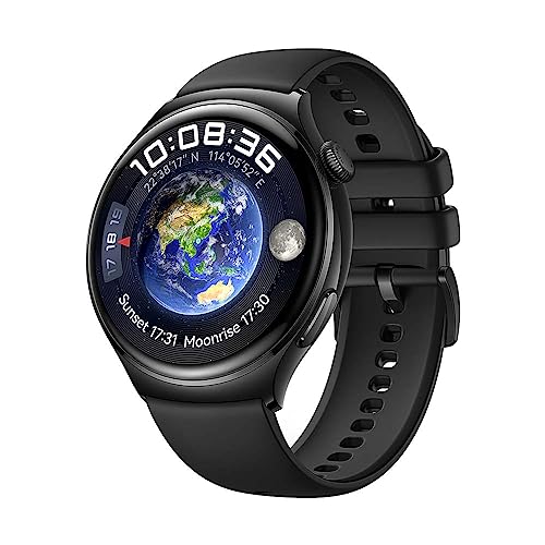 Huawei Watch 4, 3D-gewölbtes Glas- und Edelstahlgehäuse, 1,5' LTPO-AMOLED-Farbdisplay, schwarzes Fluoroelastomer-Armband, Gesundheitsschnellcheck mit 7 Parametern, eSIM Telefonie, deutsche Version