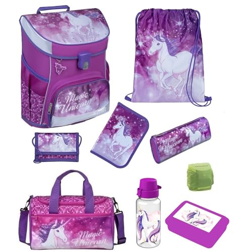 Familando Mädchen Schulranzen 1. Klasse · Scooli Campus Fit Schultasche · ergonomisch & leicht · Kinder Schulranzen Set für Mädchen (9-teilig mit Sporttasche, Magic Unicorn Lila)