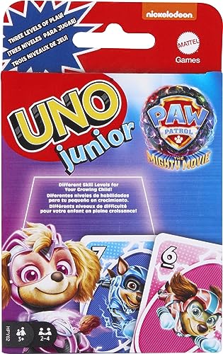 Mattel Games UNO Junior Paw Patrol: The Mighty Movie“ Kartenspiel für Kinder für Familienabende, mit 3 Schwierigkeitsstufen für 2 bis 4 Spieler, HPY62