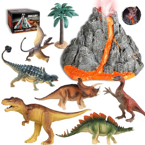 Vulkan Dinosaurier Spielzeug Set Vulkanausbruch mit Licht und realistischen Rauch Effekt Dino Figuren Set, STEM Lernspielzeug Geschenk für Kinder Jungen und Mädchen