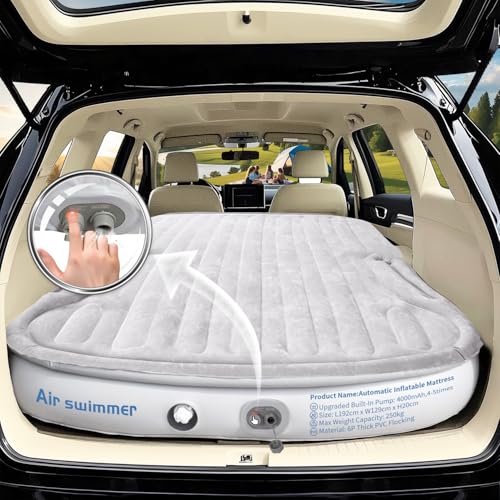 Matratze für Auto Luftmatratze mit integrierter E-Pumpe | Aufblasbar per Knopfdruck in 3 Min. | Gleichmäßige Multi-Point-Unterstützung | Dicke PVC Beflockung | Camping-Must-Have für SUV/MPV/RV | Grau