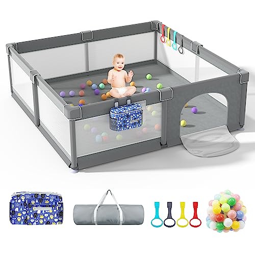 HEIZO Großer Laufstall Laufgitter Baby XXL 200x180cm, Playpen Baby Kinderlaufstall mit Atmungsaktivem Netz, 50 Spielbällen und 4 Zugringen für Baby & Kleinkinder Indoor Outdoor