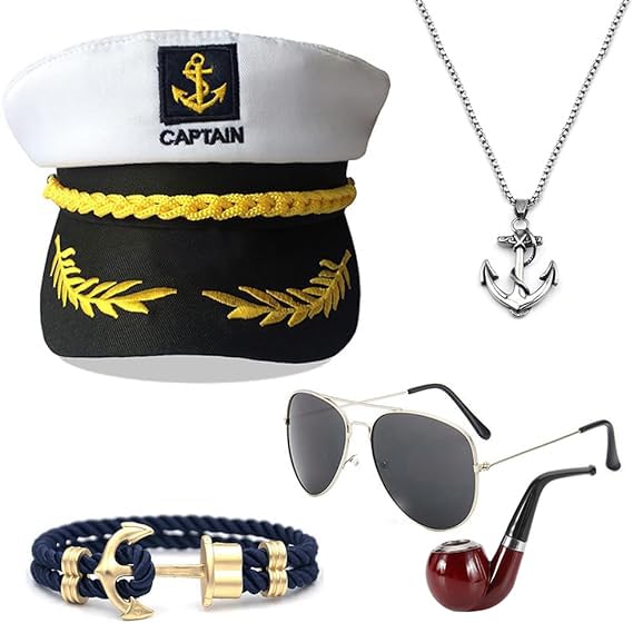 OWOAOOwl Yacht Kapitän Hut Kapitänsmütze Kostüm Set,Verstellbare Yacht Schiff Boot Marine Mütze Mit Sonnenbrille,Kapitänsmütze für Erwachsene Damen Männer für Karneval Mottoparty Partys Cosplay (A)