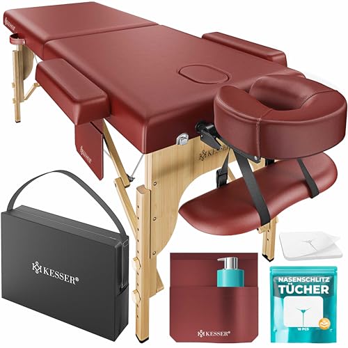 KESSER® Mobile Massageliege mit Holzfüßen klappbar & höhenverstellbar 2 Zonen Massagebett Massagetisch Kosmetikliege Breite Therapieliege Kopfstütze & Armlehnen inkl. Tragetasche & 10x Tücher