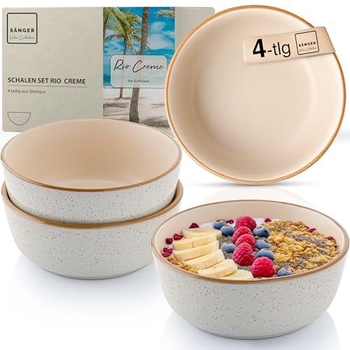 Sänger Rio Creme| Steingut Schüssel Set 4 teilig, Müslischalen für 4 Personen, Schalen multifunktional, kratz- mikrowellen- spülmaschinenfest, Tiefe Teller cremefarben 600 ml | VALUE COLLECTION