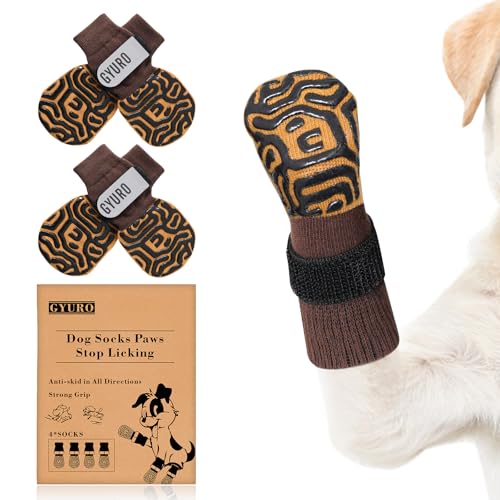 GYURO Hundesocken Anti rutsch für Hartholzböden – extra Dicker Griff, der auch bei Verdrehung funktioniert – verhindert Lecken, Ausrutschen und ist ideal zum Schutz der Hundepfoten (Braun, M)