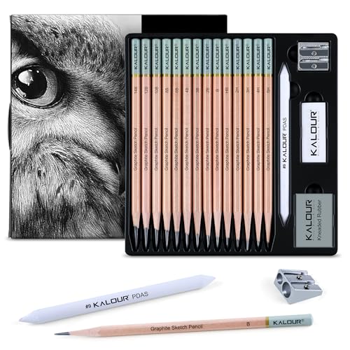 KALOUR 18-teiliges professionelles Skizzenstift-Set – enthält 5H bis 12B Bleistifte, Vinyl-Radiergummi, gekneteter Radiergummi, Spitzer und Papiermischstumpf – ideal für Künstler und Anfänger