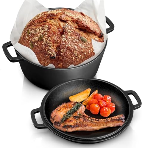 Homikit 26,5cm Gusseisen Topf, 2 im 1 Vorgewürzter Dutch Oven Brottopf mit Deckel, Antihaft Brotbackform für Brot Backen Kochen, Gusseisentopf für Oudoor Indoor, Gesund & Fit Verschiedene Wärmequellen