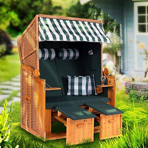 Strandkorb Ostsee XXL Volllieger 2 Sitzer - 120 cm breit & fertig montiert - grün weiß inklusive Schutzhülle, ideal für Garten und Terrasse