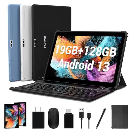 FASTWD 10 Zoll Tablet Android 13, 19GB RAM+128GB ROM, 5G WiFi, 8MP+13MP, 1280*800 Incell, 8000mAh, FaceID, Mit Tastatur, Maus, Holster, Stift, Grau