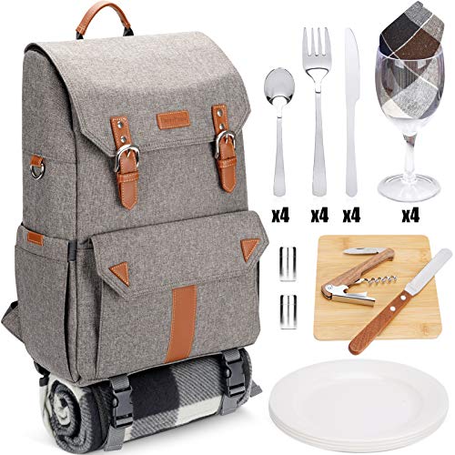 HappyPicnic Insulated Picknickrucksack für 4 Personen mit komplettem Geschirrset, geräumigem Kühlfach, Flaschenhaltern und großem wasserdichtem Picknick-Teppich